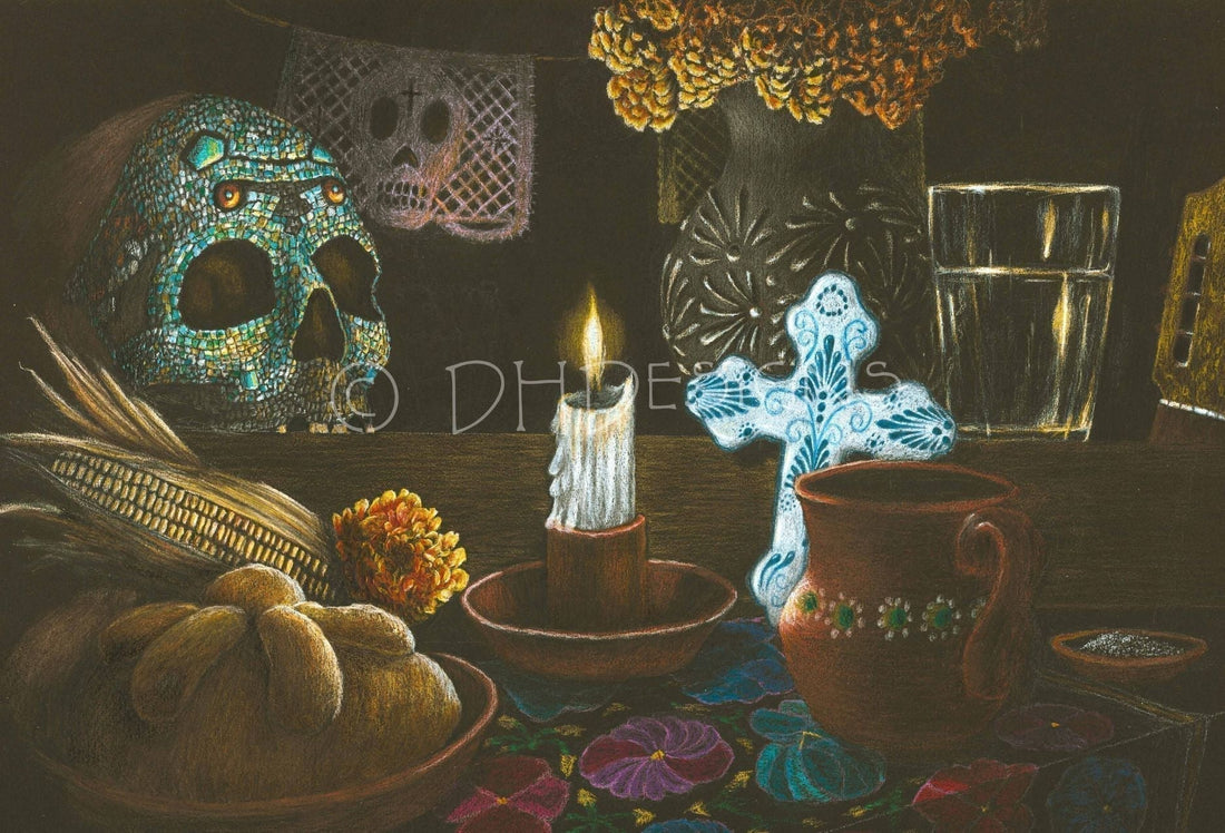 Dia de los Muertos ofrenda colored pencil drawing on black paper