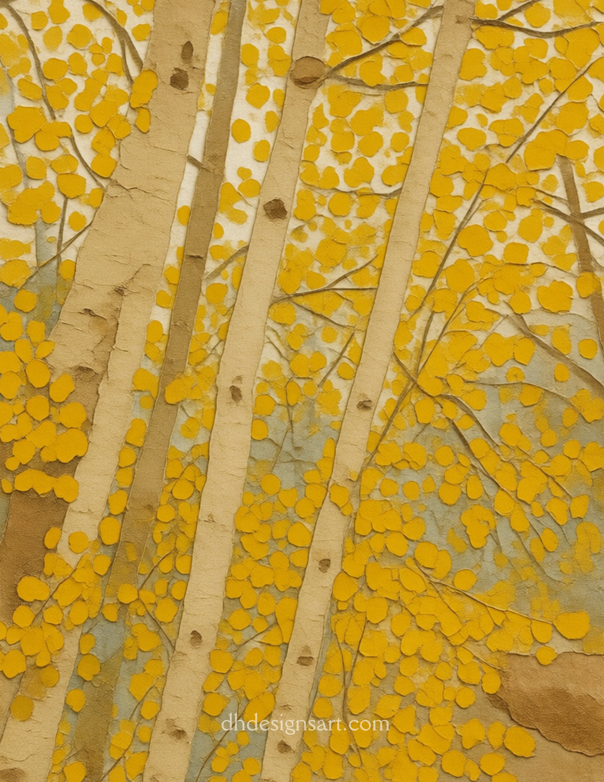 A notecard depicting vertical aspen tree trunks with dense clusters of bright yellow leaves against a textured beige and light blue-gray background.