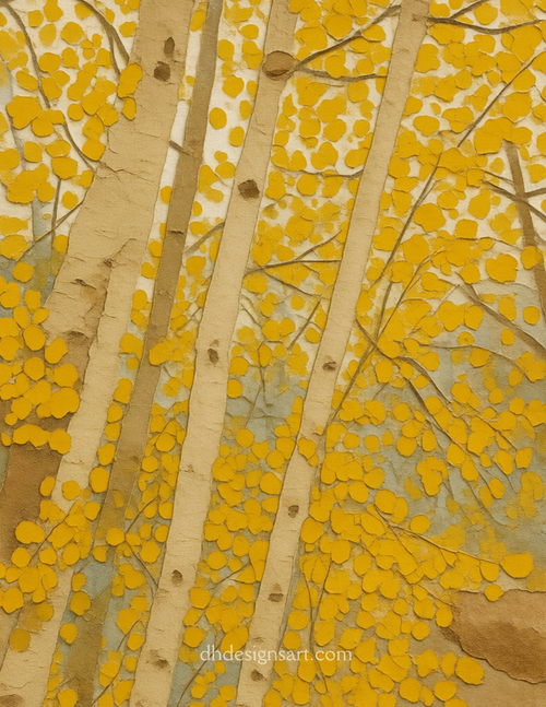 A notecard depicting vertical aspen tree trunks with dense clusters of bright yellow leaves against a textured beige and light blue-gray background.