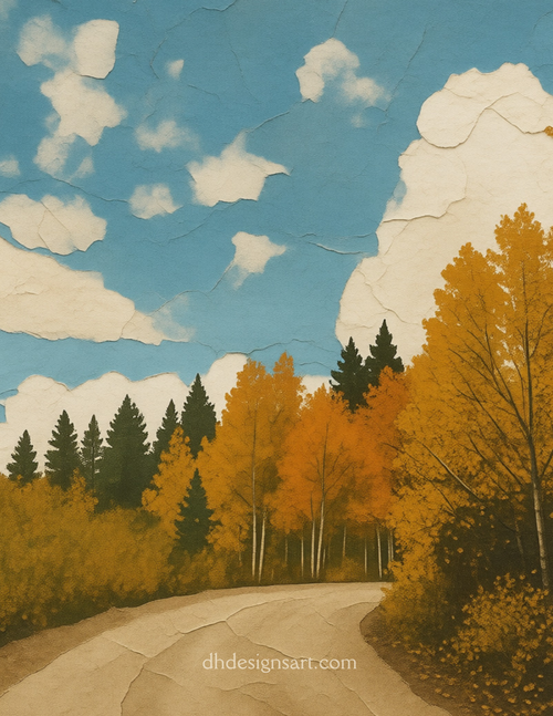 A notecard with a stylized landscape showing a winding road through the Eastern Sierra foothills with blue sky, white clouds, green pines, and golden-yellow autumn trees. The image has a textured, cracked-paper or pebble-stone surface treatment and includes the text 'dhdesignsart.