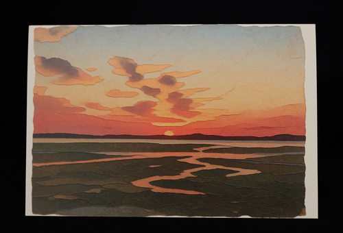 A notecard depicting a sunset over an expansive estuary near Morro Bay, CA, with winding reflective water channels, shown against a black background.Bay