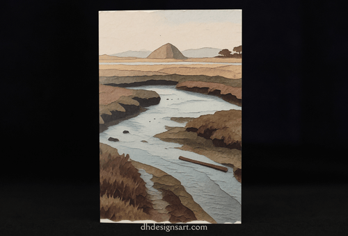 A vertical notecard depicting an estuary with a winding waterway, marshy landscape, and Morro Rock in the distance, shown against a black background. The text 'dhdesignsart a the bottom. 