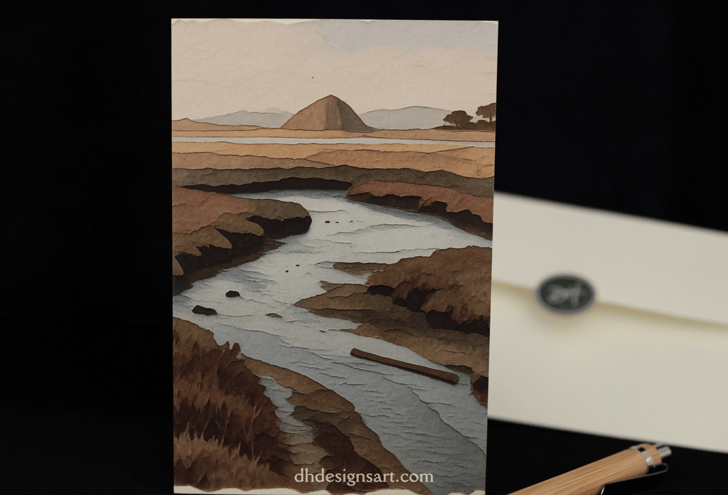 A notecard featuring an estuary with a winding waterway, marshy landscape, Morro Rock in the distance, under a pale sky. The print is displayed upright on a black background next to a cream-colored envelope with a round seal and a wooden pen.