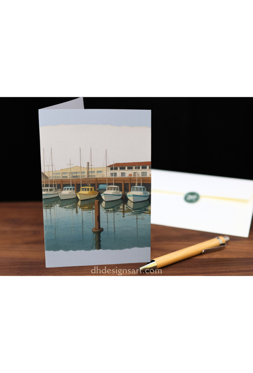 Greeting card with marina scene and pen on wooden surface