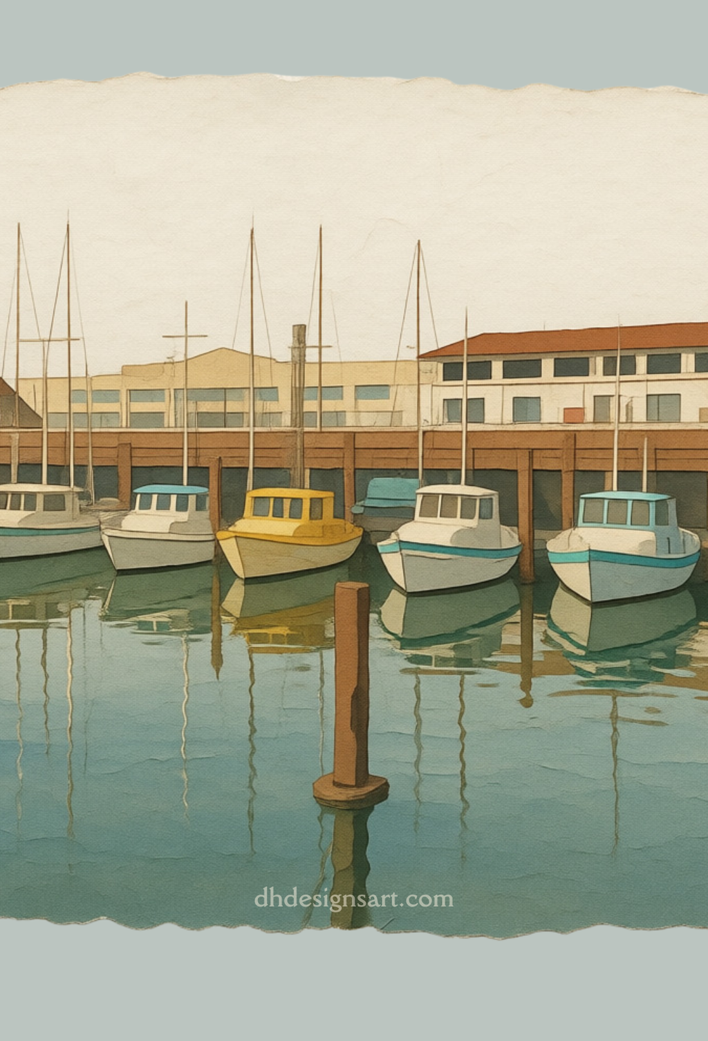 Harbor scene with boats docked at a pier, featuring a building in the background.