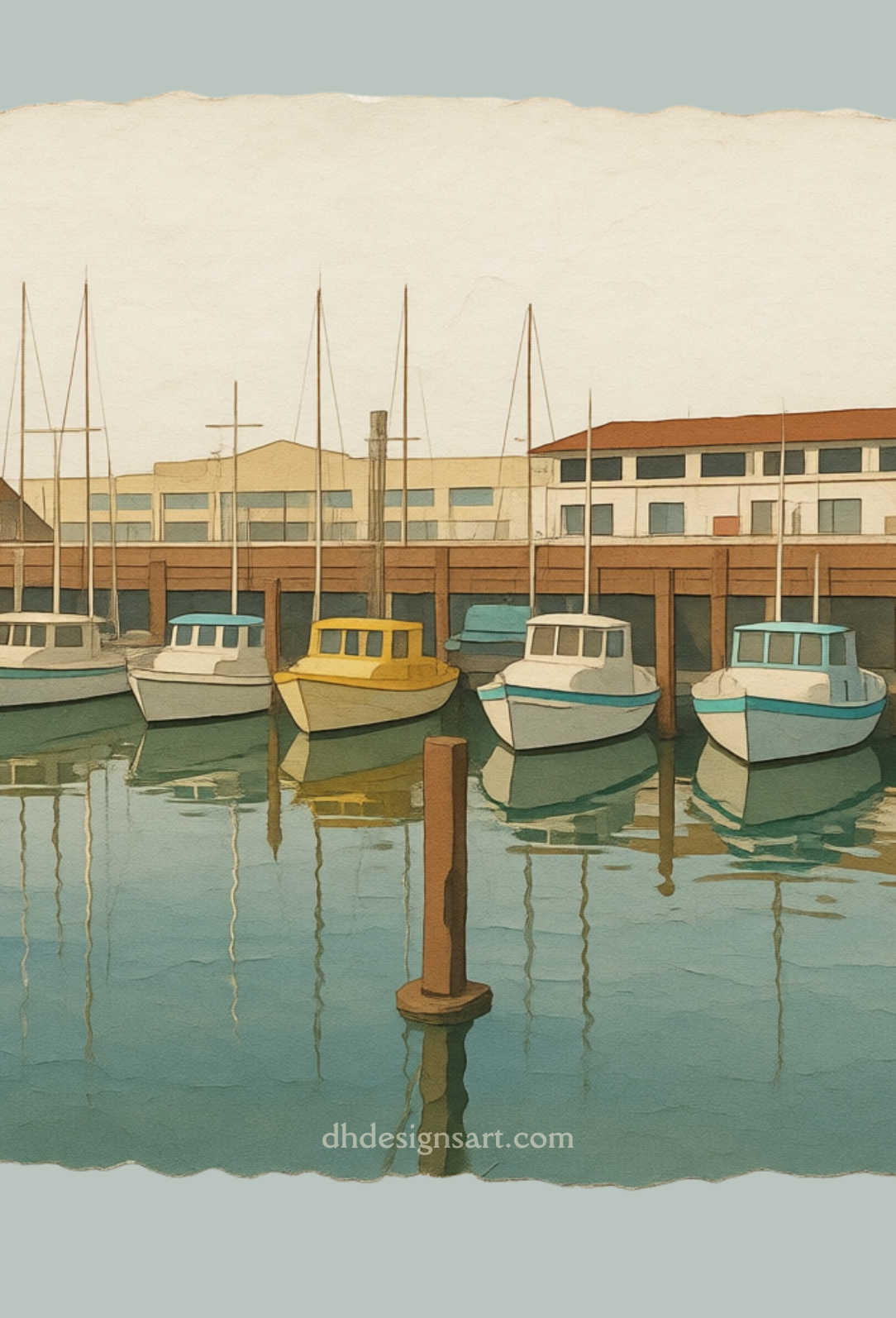 Harbor scene with boats docked at a pier, featuring a building in the background.