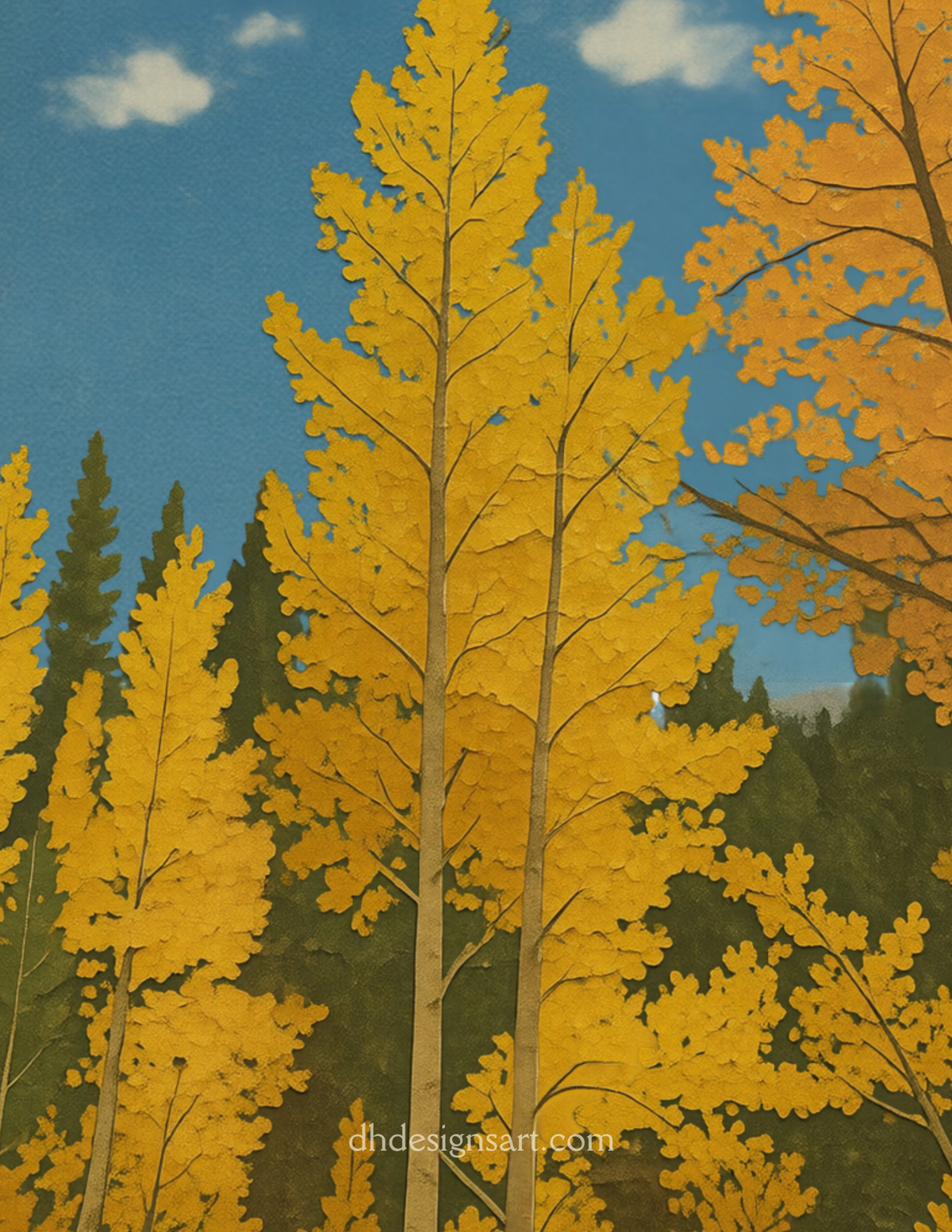 Notecard with a stylized depiction of a blue sky, yellow aspens and green pines in the Eastern Sierra Foothills. 