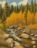 A stylized landscape notecard showing a rocky stream winding through a forest with green pines, golden-yellow autumn trees, blue sky, and white clouds. A small watermark reading dhdesignsart.
