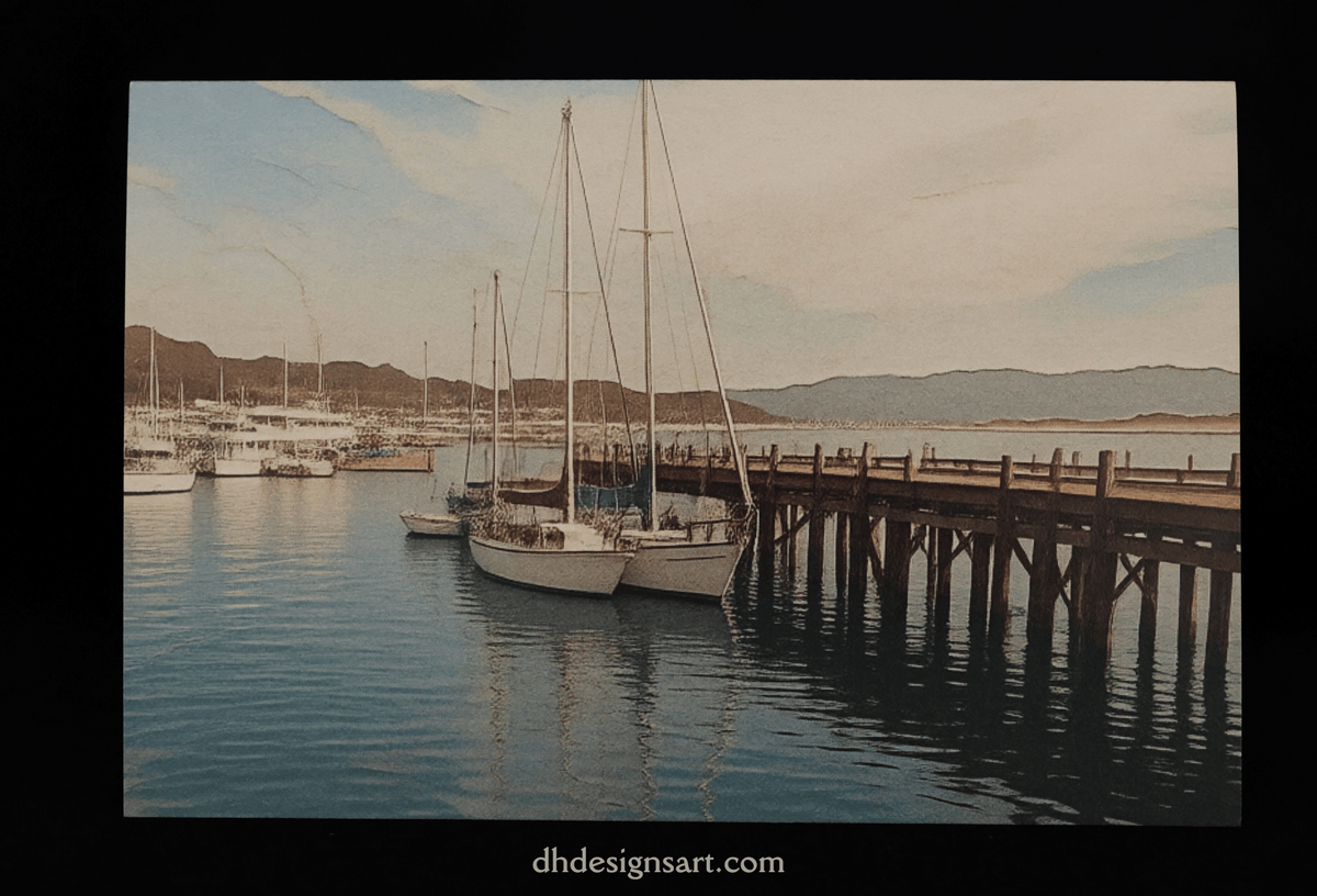 A notecard depicting the Morro Bay harbor with sailboats moored at a wooden pier, with mountains in the background under a cloudy sky, shown with a black border and the text 'dhdesignsart.com' at the bottom.