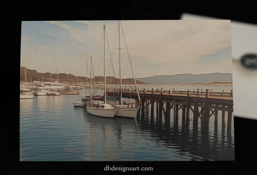 A vintage-style notecard depicting a calm Morro Bay harbor with sailboats moored at a wooden pier, with mountains in the background under a pale sky. The print is shown against a black background with a white card partially visible on the right.