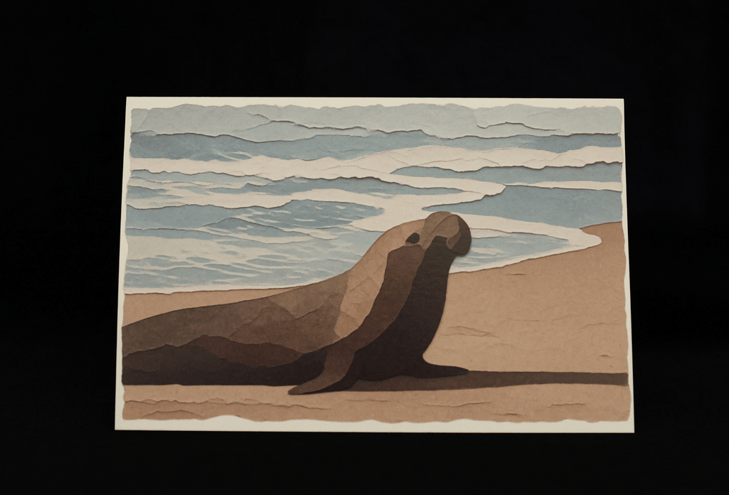 A notecard with a stylized elephant seal resting on a sandy beach with ocean waves in the background, shown against a solid black backdrop.