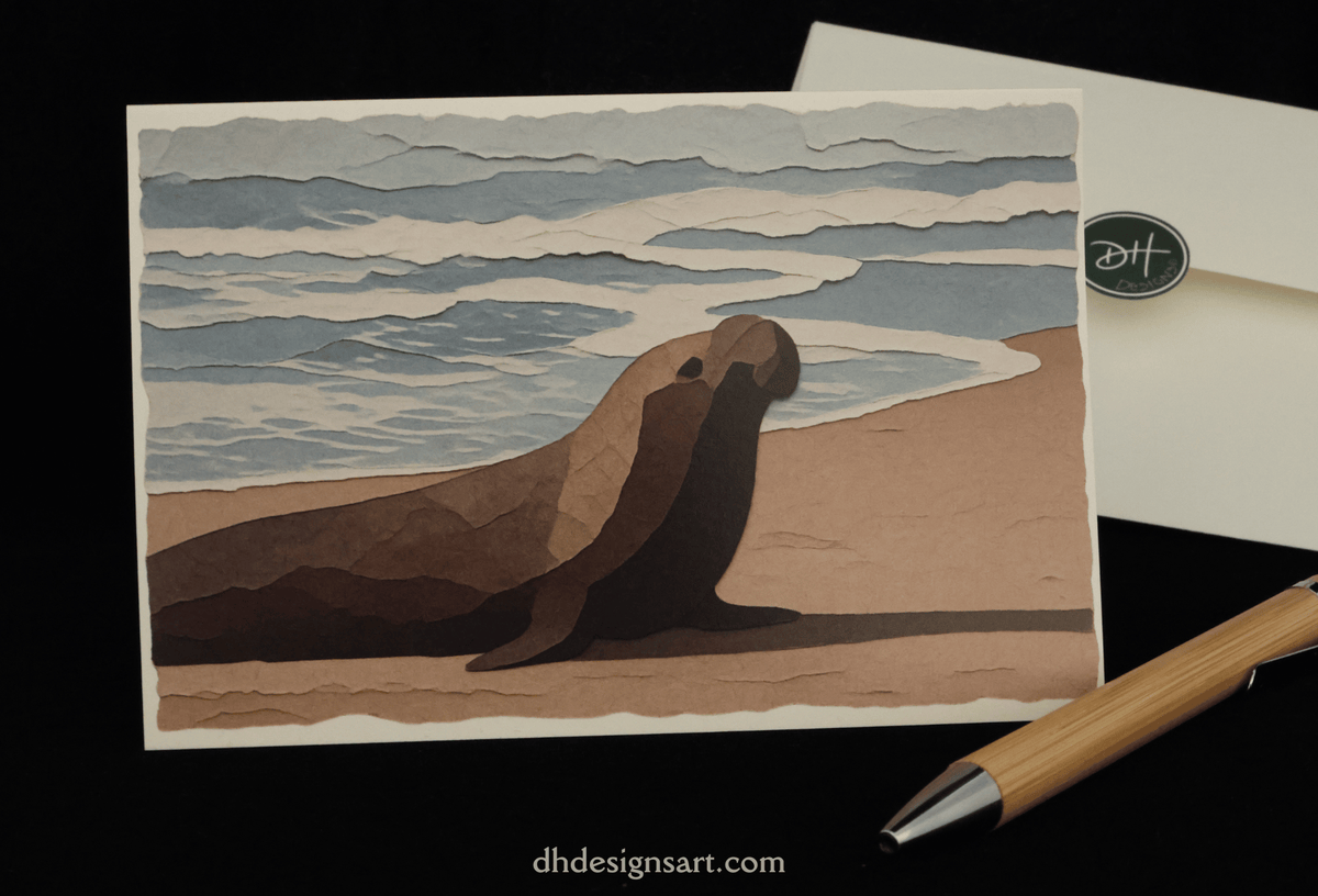 A notecard featuring a stylized illustration of an elephant seal on a sandy beach with ocean waves behind it, displayed on a black background with an envelope and a wooden pen nearby.