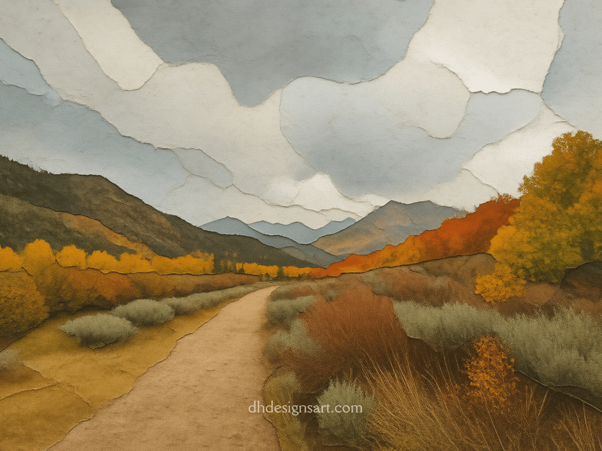 A note card with a stylized depiction of the Eastern Sierra Foothills, a cloudy pale blue and white sky, yellow, orange and sage colored trees and shrubs, with a trail winding through.