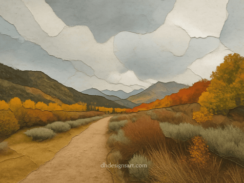 A note card with a stylized depiction of the Eastern Sierra Foothills, a cloudy pale blue and white sky, yellow, orange and sage colored trees and shrubs, with a trail winding through.