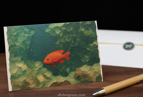 Blank notecard with an orange Garibaldi fish on a green background, next to a pen and an envelope. dhdesignsart.com