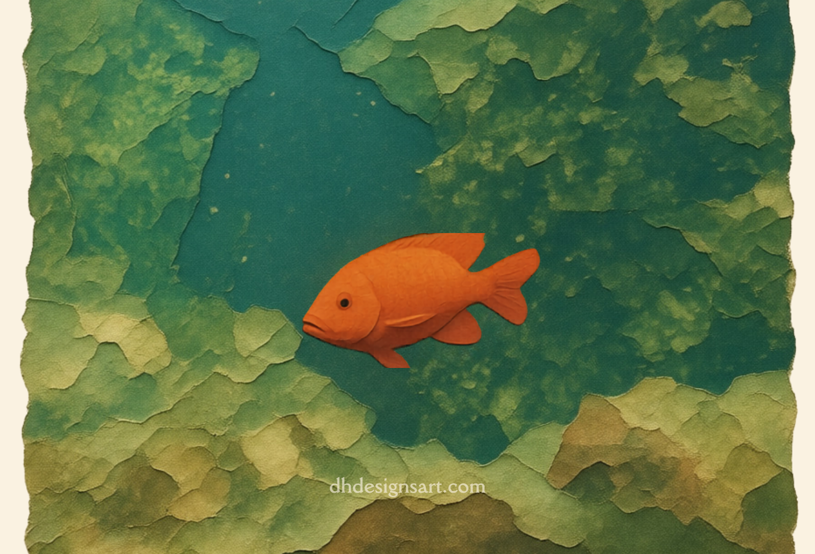 Blank notecard with an orange Garibaldi fish on a textured green and blue background, dhdesignsart.com