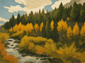 yellow aspen trees, green pines and a rocky creek moving through the Eastern Sierra foothills.