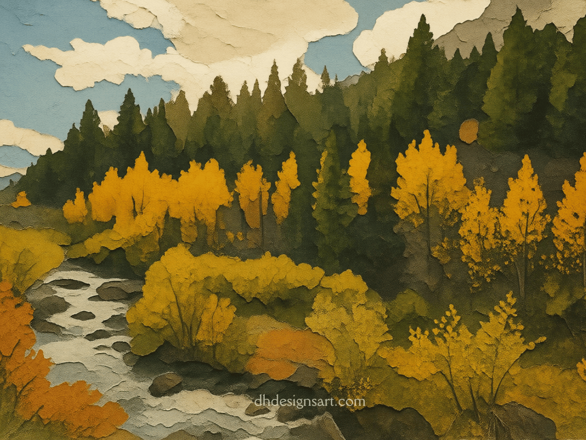 yellow aspen trees, green pines and a rocky creek moving through the Eastern Sierra foothills.