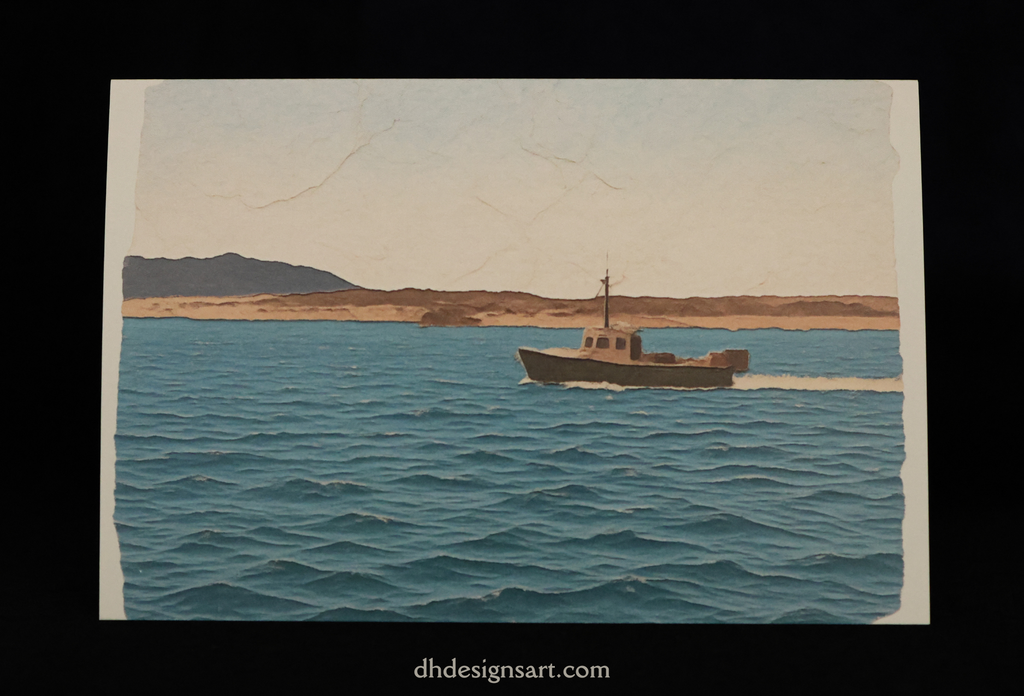A notecard depicting an image from Morro Bay, CA - a small boat on blue water with a sandy shoreline and dark hills under a pale sky, shown against a black background with the text 'dhdesignsart.com' below.