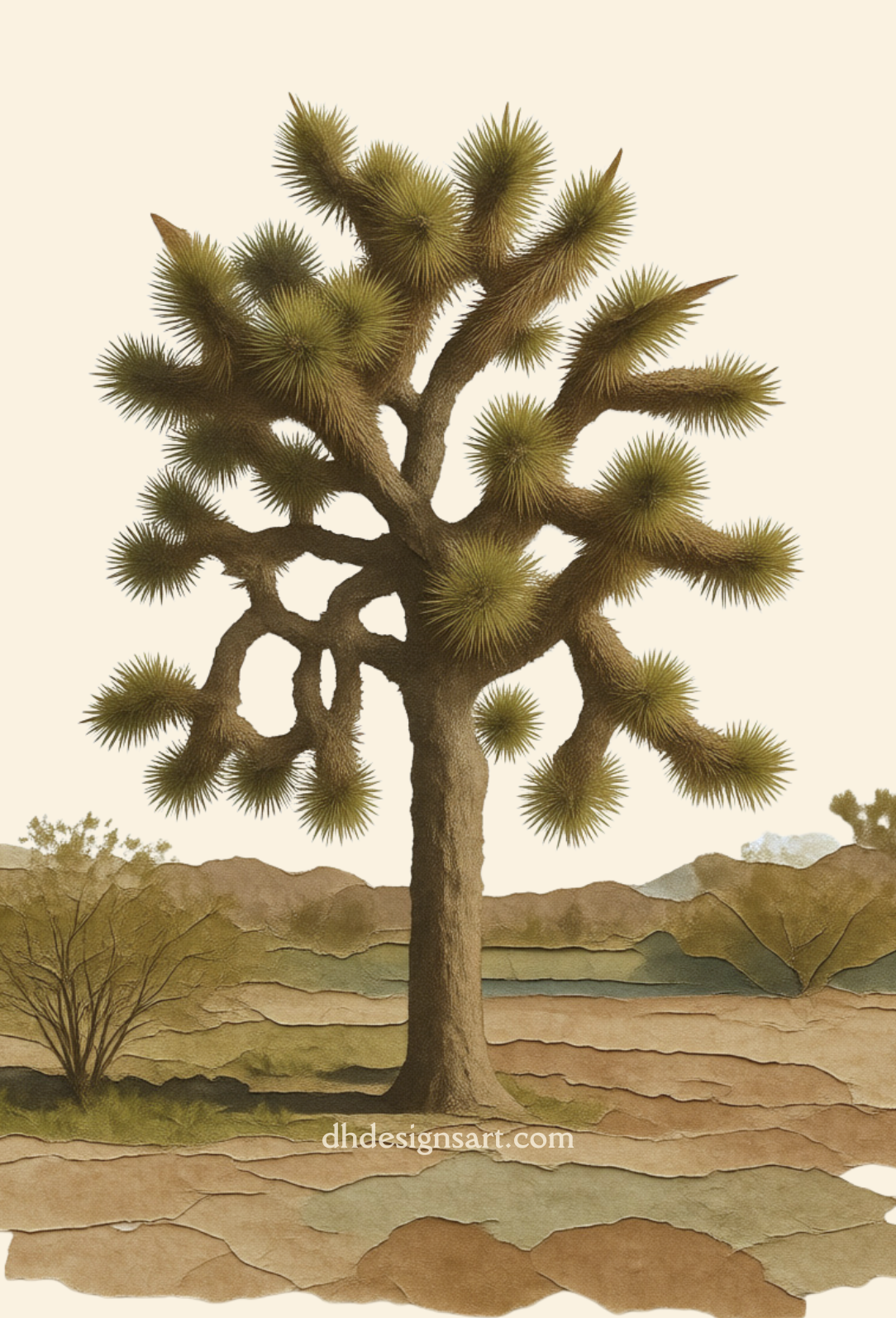 Illustration of a Joshua tree in a California desert landscape with mountains in the background. Blank notecard by dhdesignsart.com.