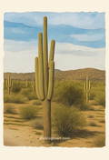 Desert landscape with saguaro cactus and mountains in the background.Blank notecard by dhdesignsartcom.