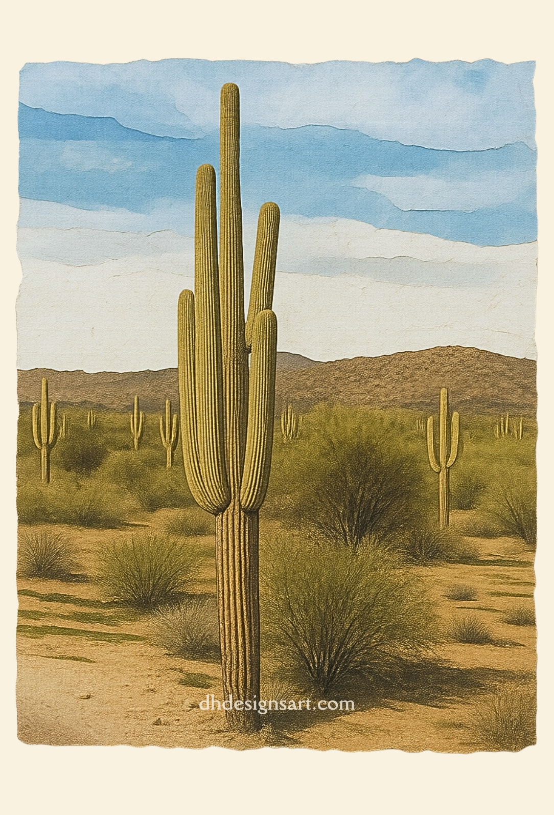 Desert landscape with saguaro cactus and mountains in the background.Blank notecard by dhdesignsartcom.