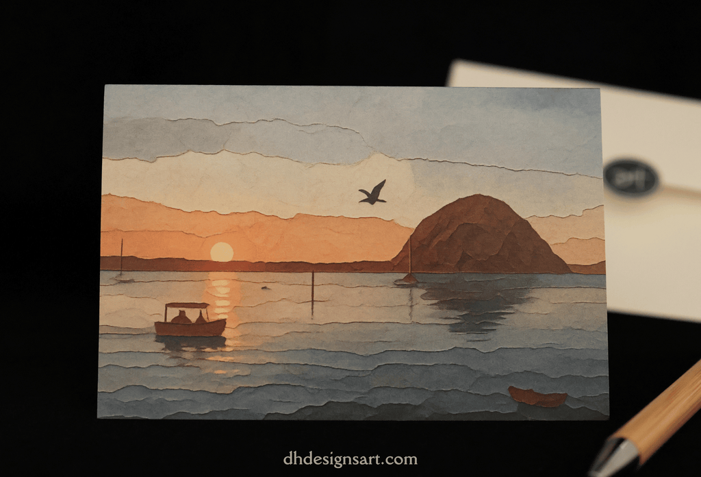 A notecard depicting a  stylized Morro Bay seascape with layered paper-like textures, a boat, a bird, and Morro Rock displayed on a dark background with an envelope and pen nearby.