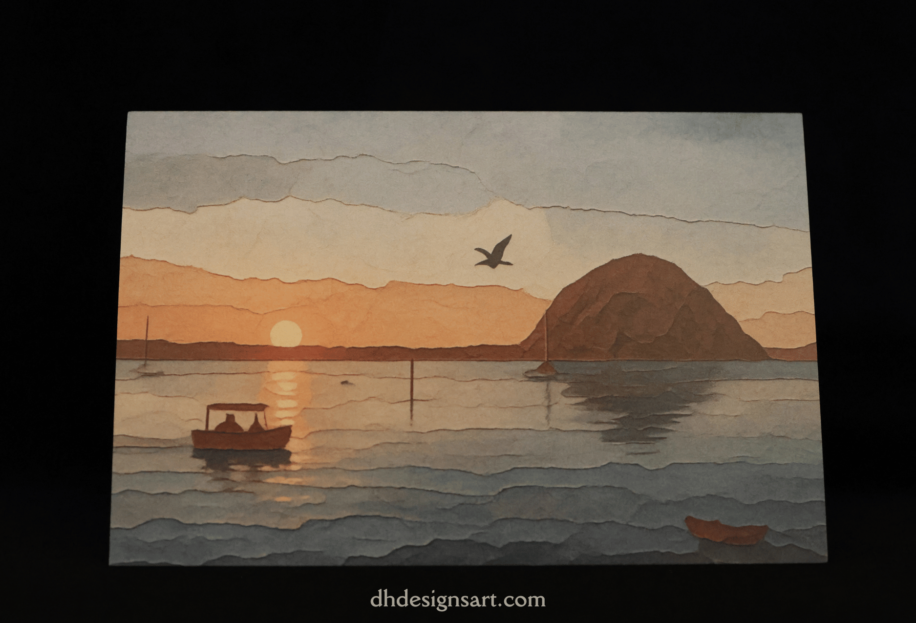 A notecard depicting a stylized Morro Bay sunset seascape with layered  waves, a small boat, a bird, and Morro Rock, shown against a black background with the text 'dhdesignsart.com' at the bottom.