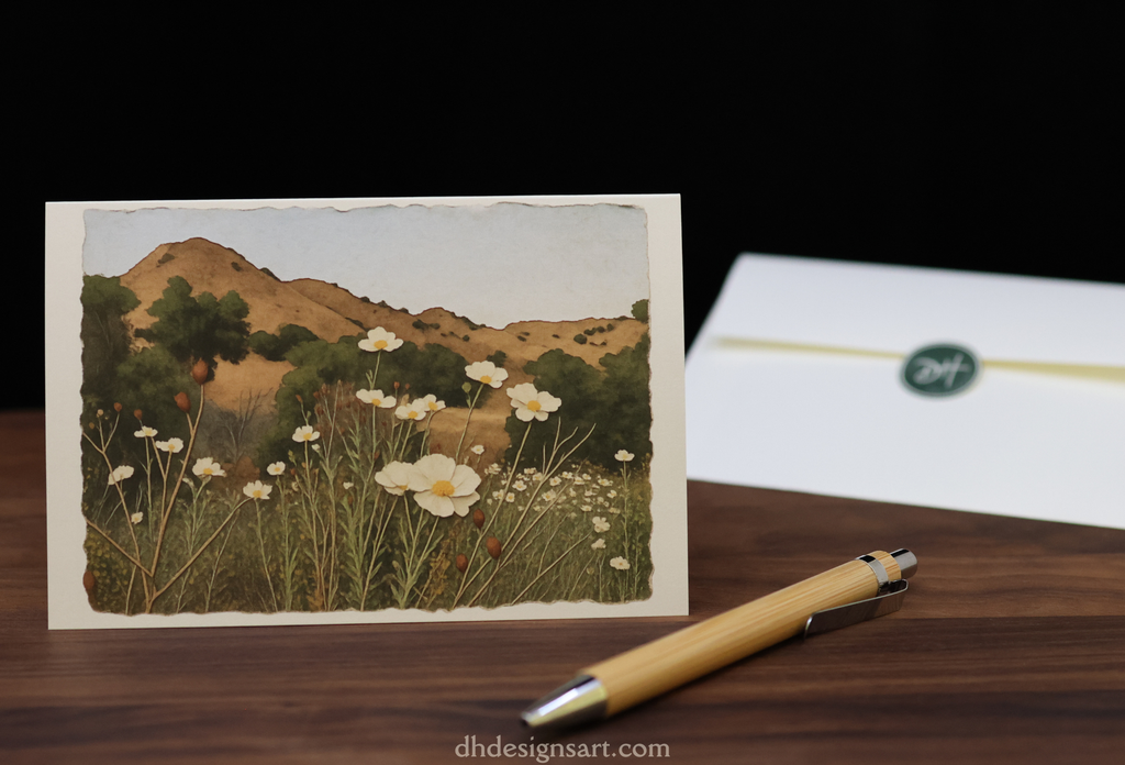 Blank notecard with a California landscape with Matilija poppies and hills in the background, set on a wooden desk with a pen and envelope with the dhdesignsart.com watermark.