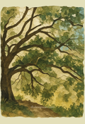 Artistic depiction of a tree with green leaves and branches on a textured background, blank notecard.