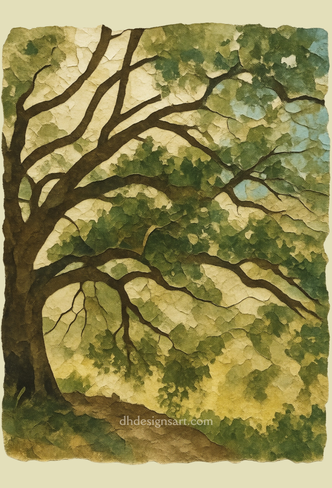Artistic depiction of a tree with green leaves and branches on a textured background, blank notecard.