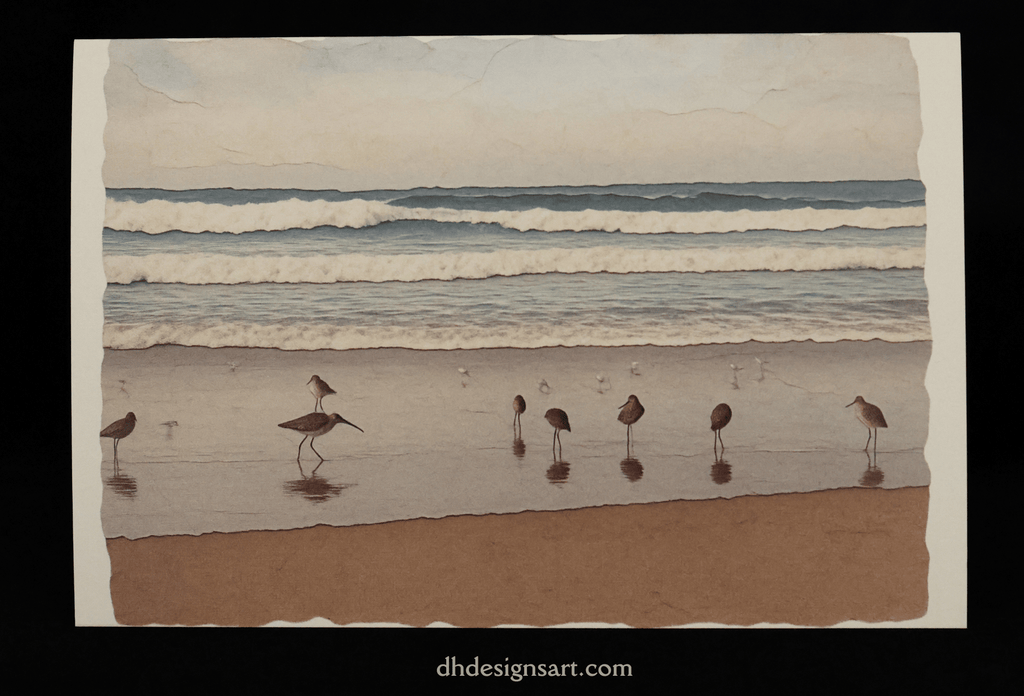 A notecard depicting a beach scene with several wading birds standing in shallow water near the shoreline, with ocean waves and a pale sky behind them. The print is shown against a black background with a small website watermark at the bottom.