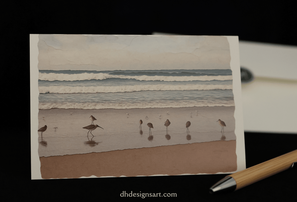 A notecard depicting a sandspit, a beach scene with several wading birds on the shore, photographed on a dark surface with a bamboo pen resting nearby. The notecard is the product being sold.