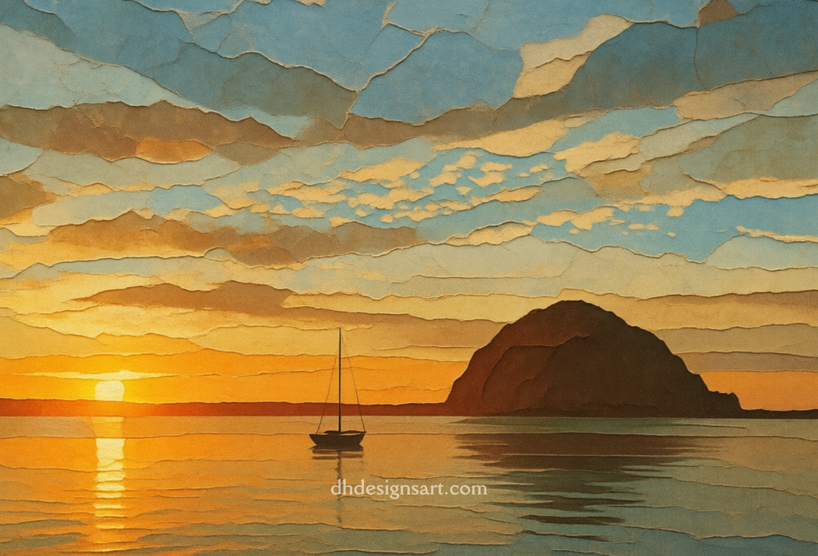 Blank notecard with a striking Morro Bay sunset, a boat and Morro Rock in the background, by dhdesignsart.com.