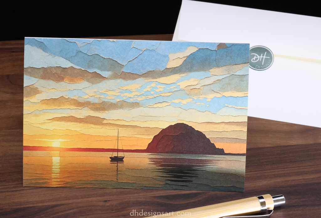 Blank notecard with an artistic depiction of a sunset reflected in the ocean water with a sailboat and Morro Rock, set upon on a wooden desk with a pen and envelope.