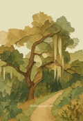 Artistic depiction of a tree with a path leading through an California oak woodland. Blank notecard.