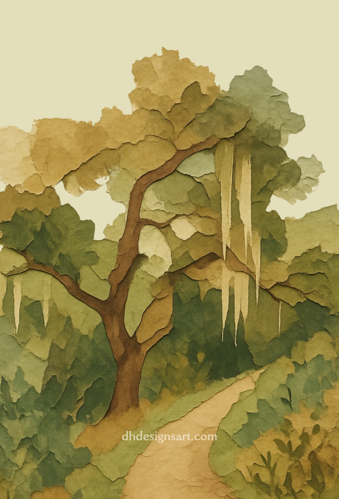 Artistic depiction of a tree with a path leading through an California oak woodland. Blank notecard.