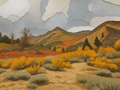 A notecard depicting a stylized landscape in the Eastern Sierra Foothills in fall, with a mosaic of sage green, hunter green, yellow and orange trees and shrubs.