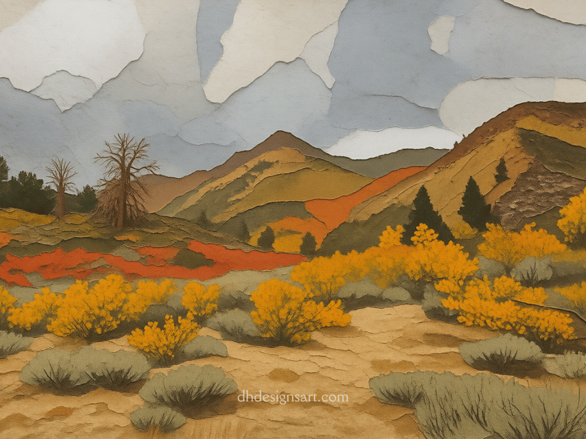A notecard depicting a stylized landscape in the Eastern Sierra Foothills in fall, with a mosaic of sage green, hunter green, yellow and orange trees and shrubs.