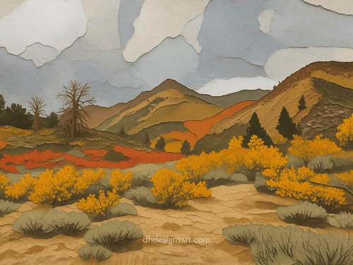 A notecard depicting a stylized landscape in the Eastern Sierra Foothills in fall, with a mosaic of sage green, hunter green, yellow and orange trees and shrubs.