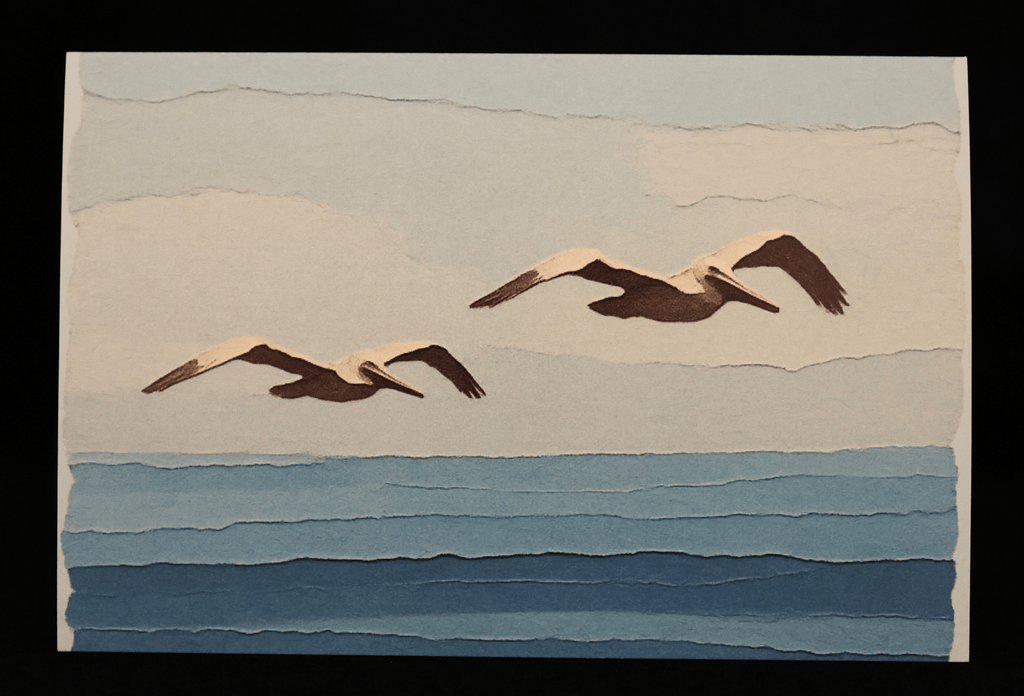 A notecard featuring a layered paper art styled image depicting two brown and white pelicans flying over blue ocean waves under a pale sky, presented on a black background.