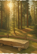 Wooden bench in a Yosemite pine forest with sunlight filtering through the trees, blank notecard, dhdesignsart.com