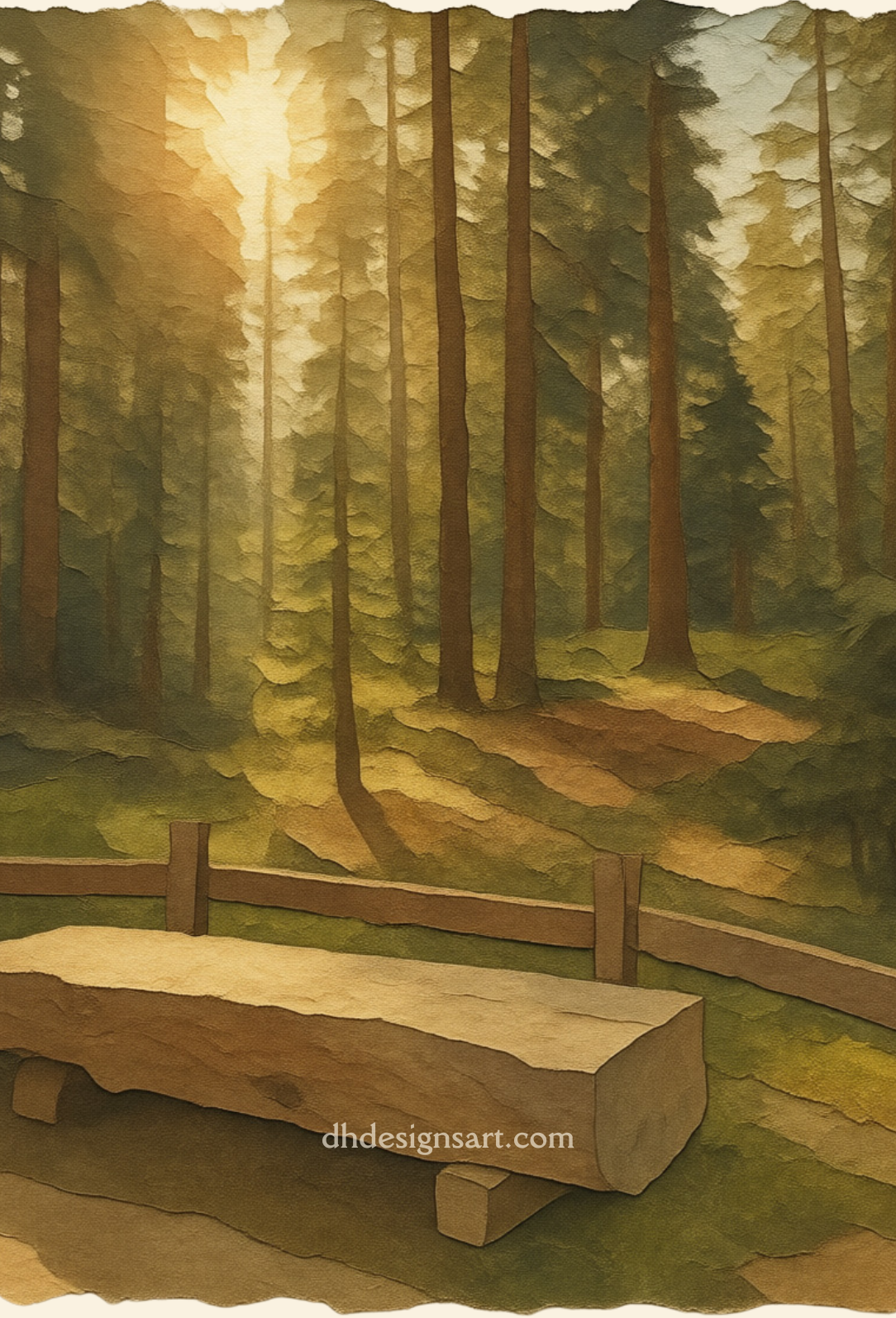 Wooden bench in a Yosemite pine forest with sunlight filtering through the trees, blank notecard, dhdesignsart.com