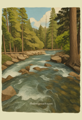 Artistic depiction of a Yosemite pine forest with a creek and rocks, blank notecard.