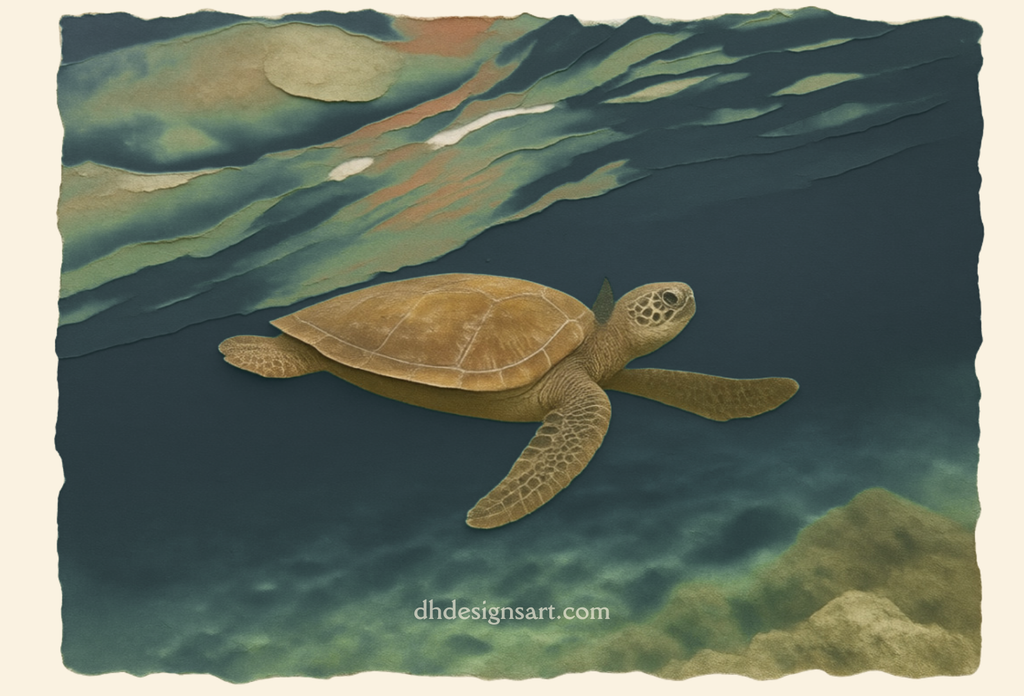 Blank notecard with an llustration of a sea turtle swimming in water with a textured border. dhdesignsart.com