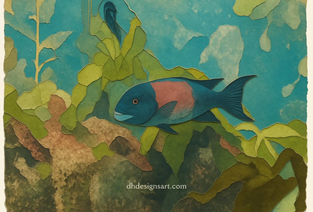 Blank notecard with an rtistic depiction of a sheepshead fish among underwater plants and rocks. dhdesignsart.com.