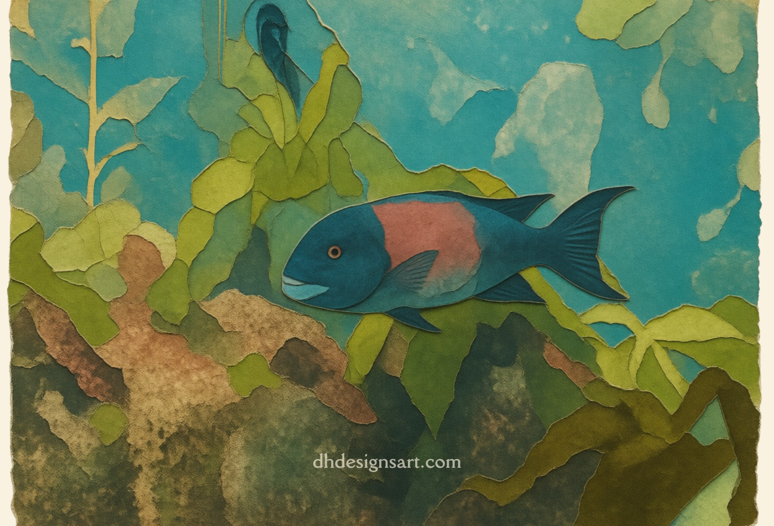 Blank notecard with an rtistic depiction of a sheepshead fish among underwater plants and rocks. dhdesignsart.com.