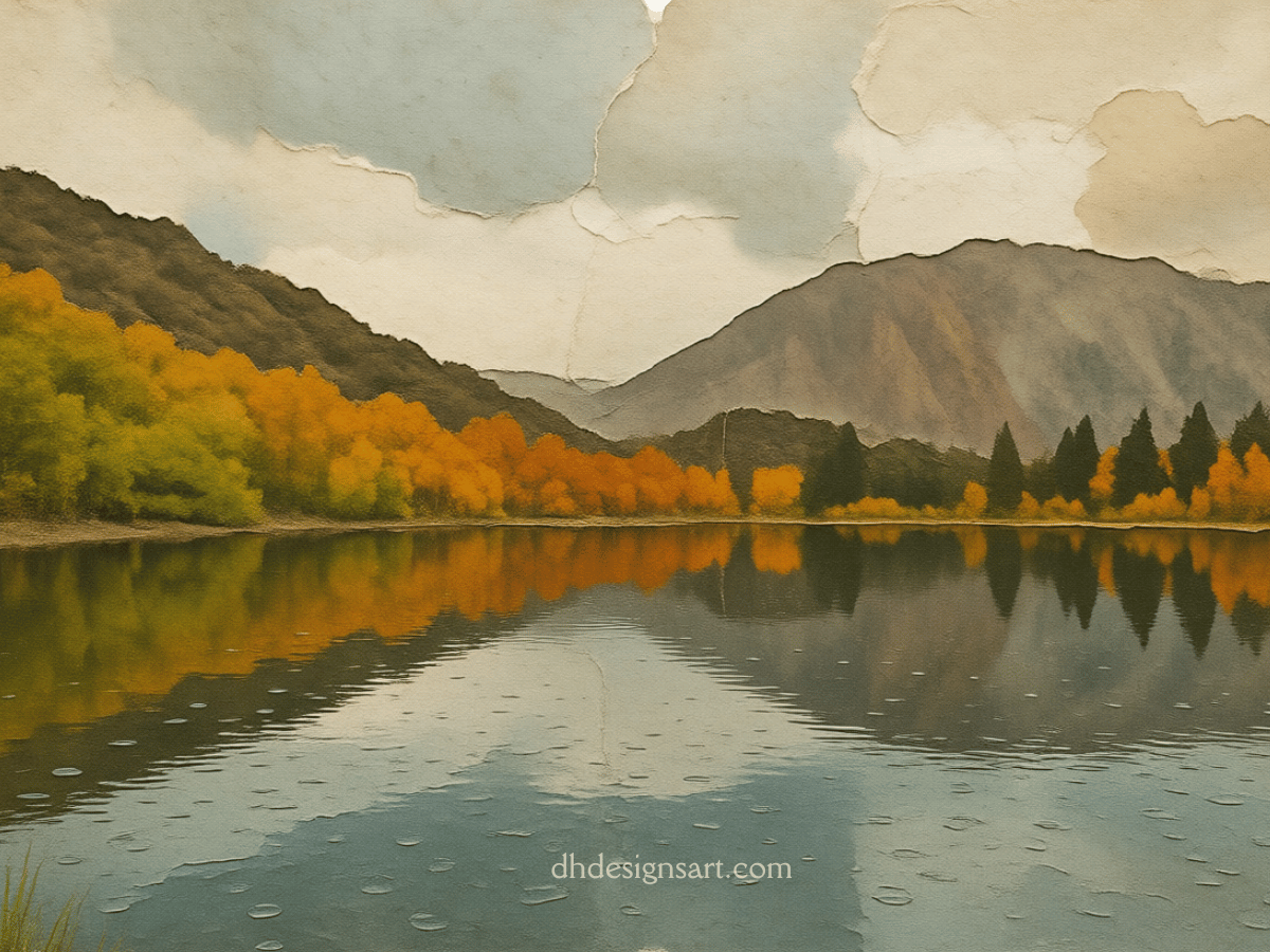 A notecard with a stylized image of a the Easter Sierra Foothills, a lake, raindrops, yellow and orange foliage and green pines surrounding the lake under a cloudy grey sky.