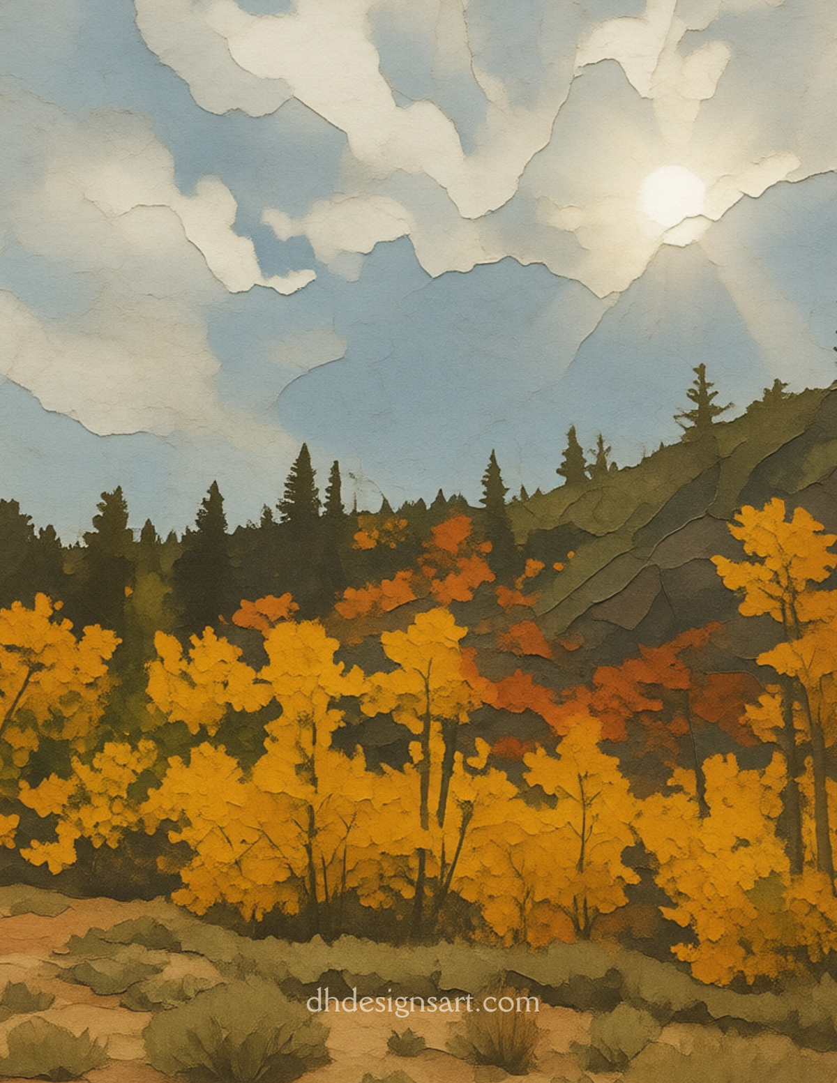 Notecard showing a sunlit sky with clouds, a line of dark evergreen trees, and bright yellow, orange, and red autumn foliage in the foreground.