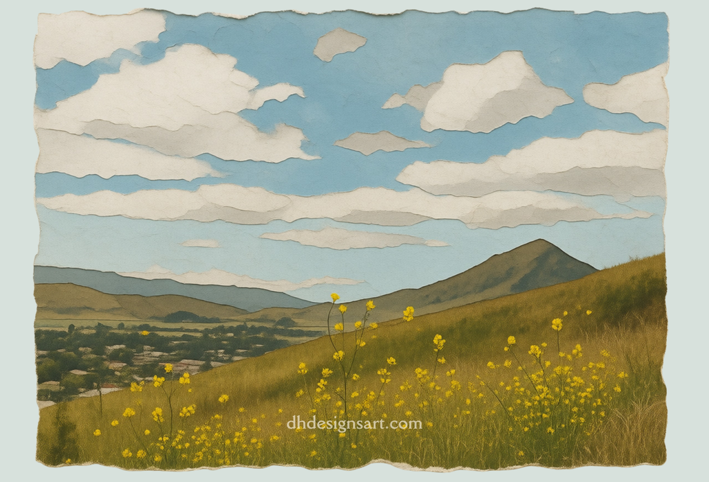 Blank notecard with an artistic depiction of Terrace Hill, a landscape with hills, sky, and yellow flowers, featuring the artist's watermark at the bottom - dhdesignsart.com